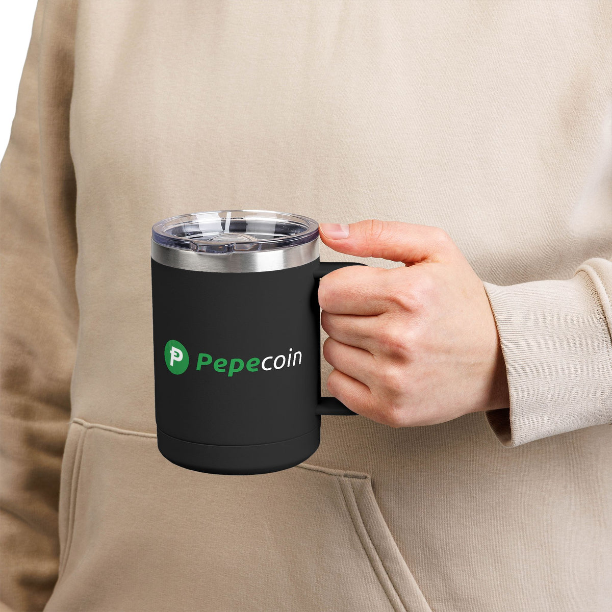 Pepecoin Coffee Mug Tumbler, 15oz (Black)